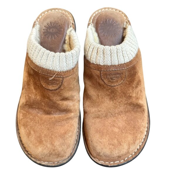 UGG Suede Slip-On Clogs Knit Trim Shearling Lining Chestnut Brown Outdoor Size 8 - Picture 2 of 10